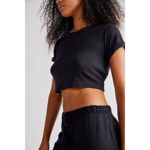 Free People FP Beach Isabella Copped Blouse Top Solid Black Tee M NWT 257930